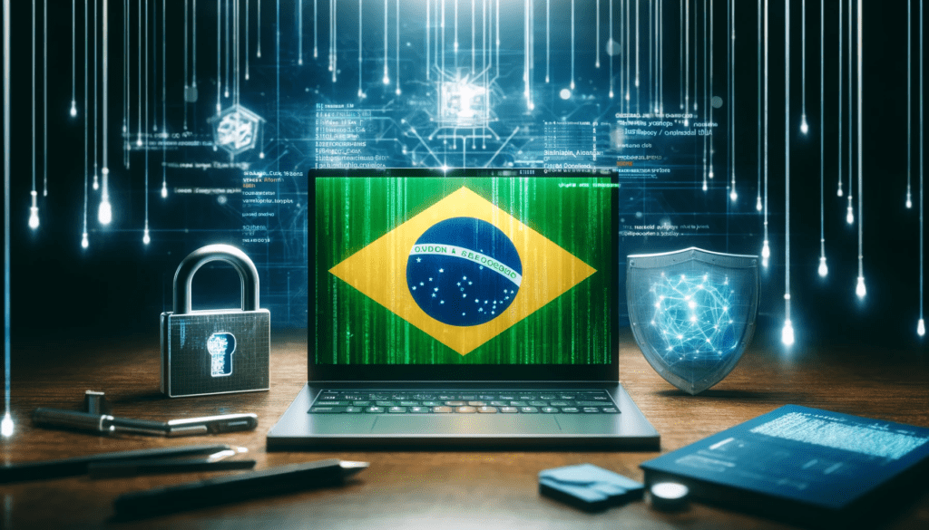 Laptop com bandeira do Brasil exibindo segurança cibernética e proteção digital.