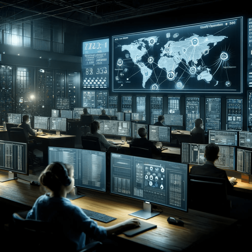 Centro de operações de segurança monitorando ameaças cibernéticas em tempo real.