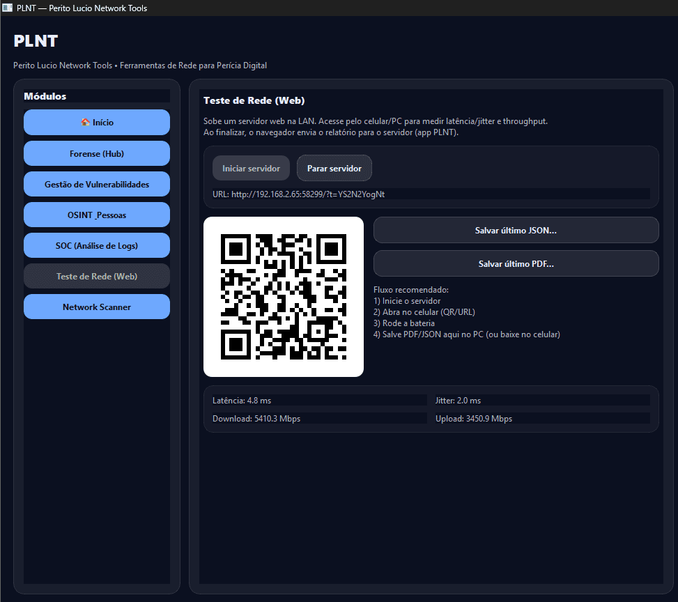 Captura de tela da interface do software PLNT (Perito Lucio Network Tools) exibindo o módulo 'Teste de Rede (Web)'. O painel central mostra um QR Code proeminente e botões para 'Iniciar servidor' e 'Parar servidor', além de instruções passo a passo para o fluxo de teste. Na parte inferior, são apresentados os resultados das métricas de rede com valores para Latência (4.8 ms), Jitter (2.0 ms), Download (5410.3 Mbps) e Upload (3450.9 Mbps). O menu de módulos à esquerda permanece visível com o tema escuro.