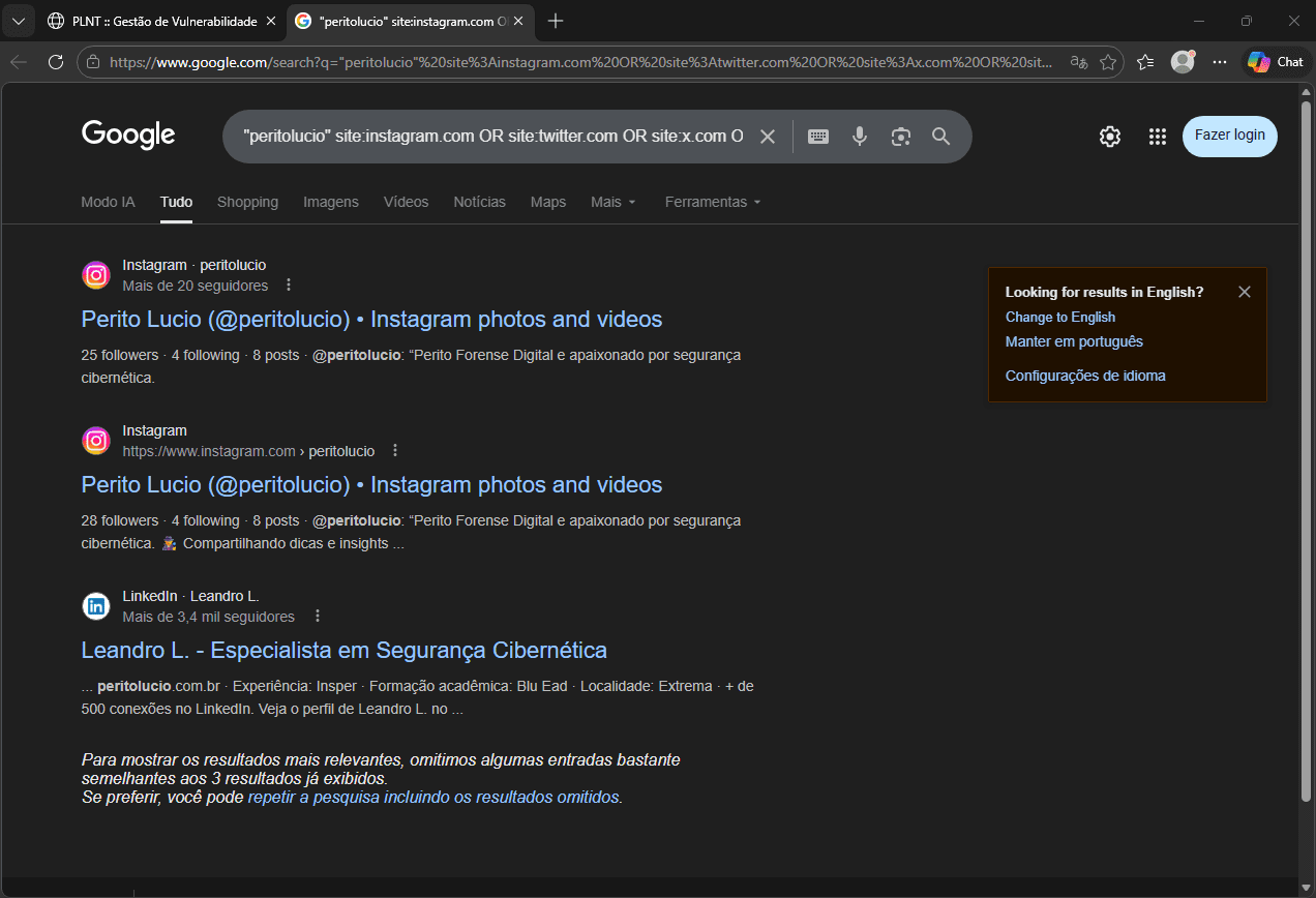 Captura de tela do navegador Google Chrome exibindo resultados de pesquisa em tema escuro. O campo de busca mostra a utilização de um operador booleano avançado: "peritolucio" site:instagram.com OR site:twitter.com OR site:x.com. Os resultados listam perfis relacionados ao termo "Perito Lucio" no Instagram e um perfil no LinkedIn de Leandro L., Especialista em Segurança Cibernética. À direita, há um painel pop-up do Google sobre configurações de idioma.