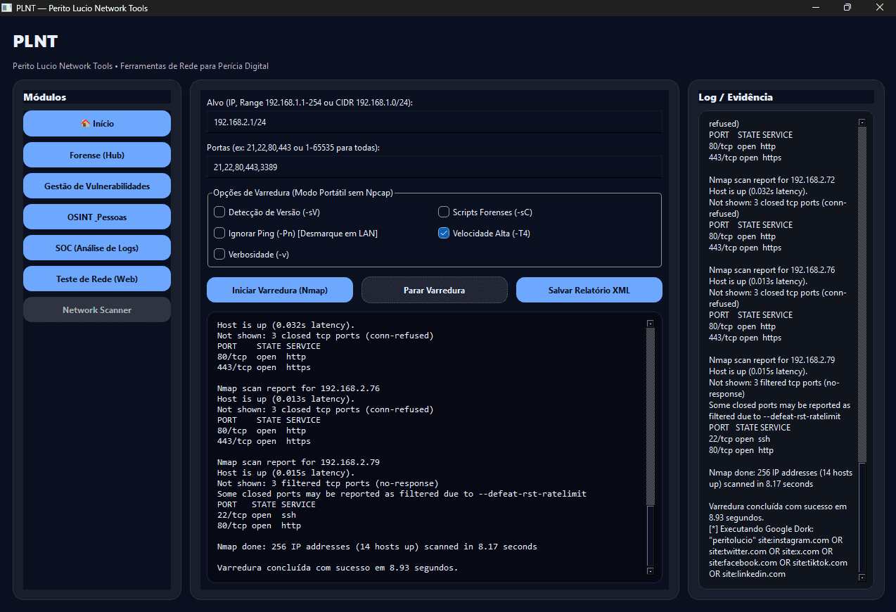 Captura de tela da interface do software PLNT (Perito Lucio Network Tools) exibindo o módulo 'Network Scanner'. O painel central mostra as configurações para uma varredura Nmap, incluindo o campo para definir o Alvo (como 192.168.1.1/24), portas e opções de varredura. Abaixo, são apresentados os resultados detalhados de um escaneamento concluído, listando portas abertas (como 80/tcp http e 443/tcp https) e o status do host. À direita, a janela 'Log / Evidência' também registra o andamento da atividade. O tema é escuro.