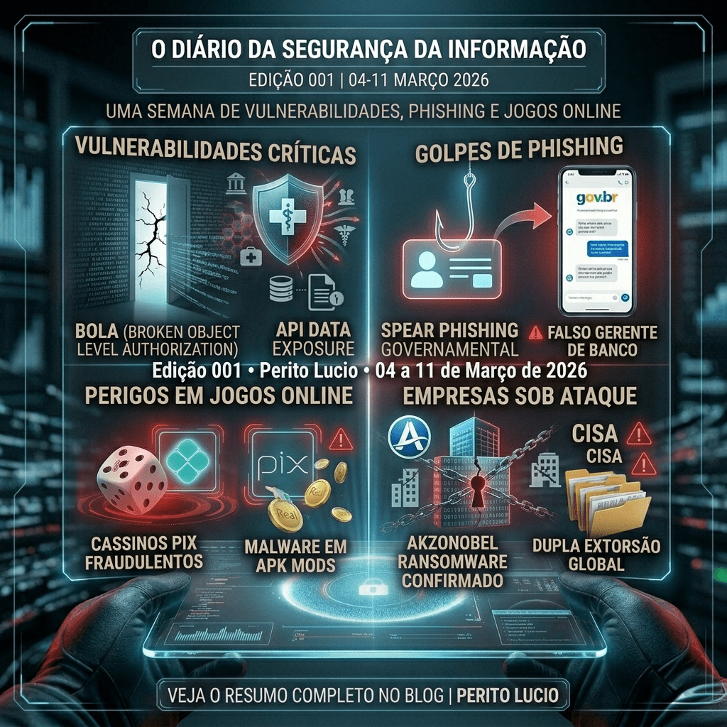 Infográfico forense quadrado com estética cyberpunk forense resumindo as ameaças da semana de 04 a 11 de março de 2026. Apresenta quatro quadrantes: Vulnerabilidades Críticas (BOLA e exposição de API); Golpes de Phishing (spear phishing governamental e falso gerente); Perigos em Jogos Online (cassinos Pix e malware em APK Mods); e Empresas sob Ataque (ransomware na Akzonobel e dupla extorsão). Contém a identificação "Edição 001 • Perito Lucio".