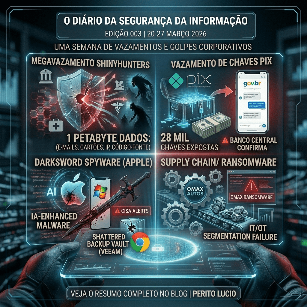 Painel forense de segurança da informação exibindo as ameaças da semana: megavazamento do grupo ShinyHunters, vazamento de chaves Pix pelo Banco Central, spyware DarkSword em dispositivos Apple e ataque de ransomware na cadeia de suprimentos da Omax Autos.