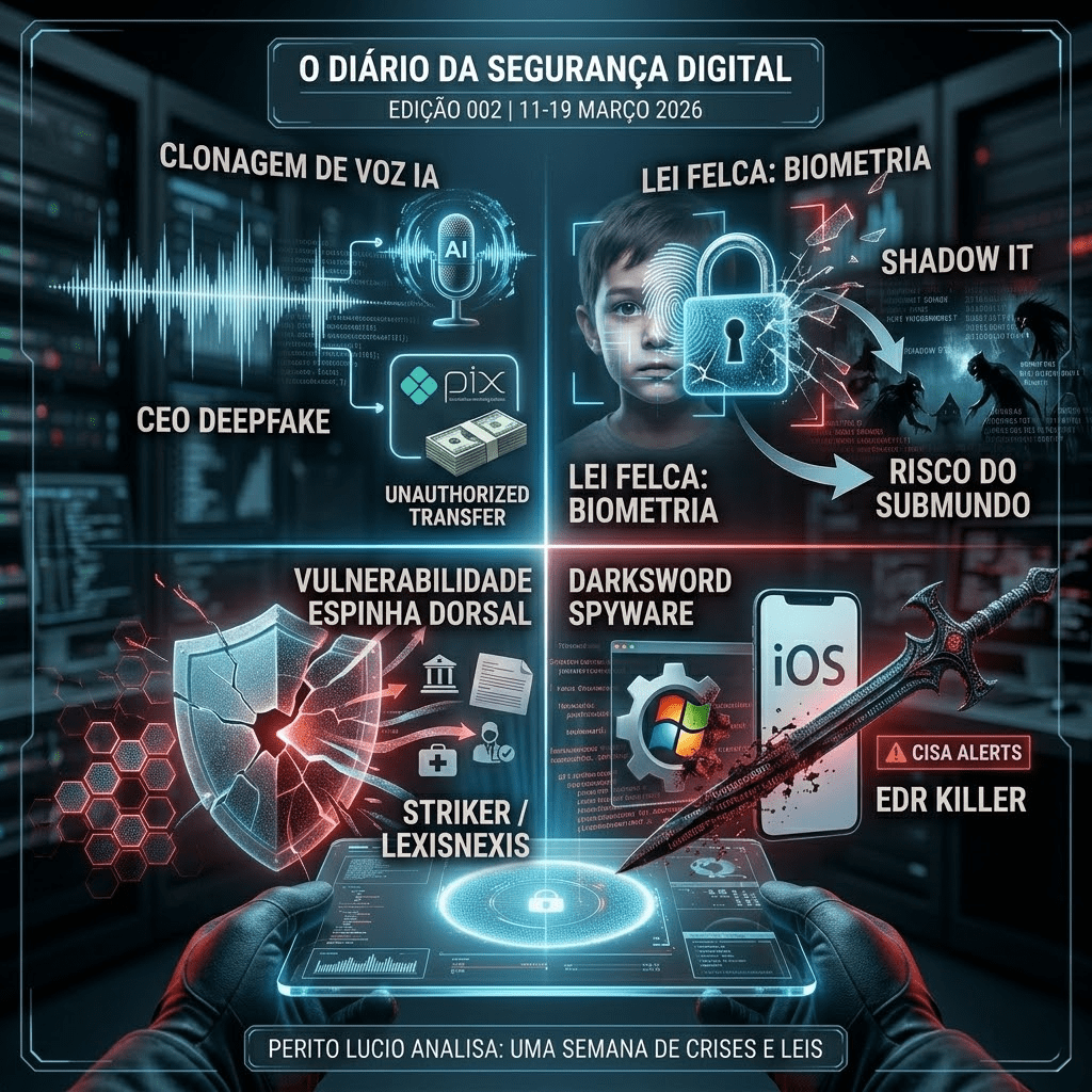 Painel de análise de segurança digital mostrando ameaças como Lei Felca, clonagem de voz por IA e spyware DarkSword.