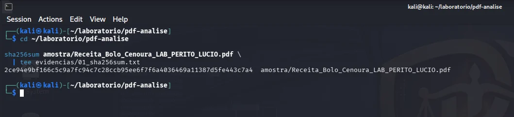 Terminal do Kali mostrando a hash SHA-256 da amostra