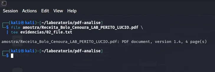 Comando file confirmando que a amostra é um documento PDF de quatro páginas