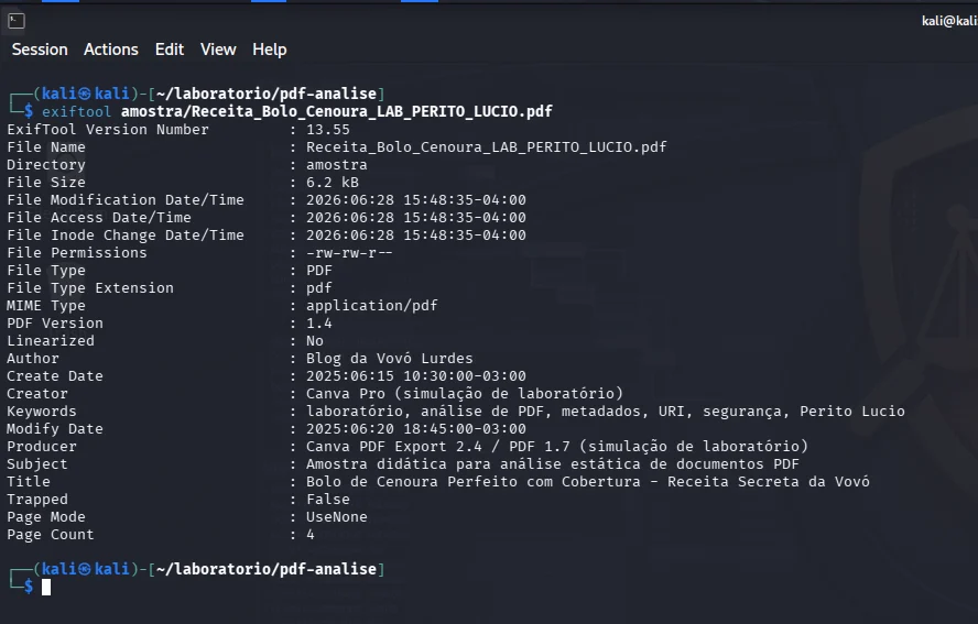 Metadados extraídos da amostra PDF com exiftool