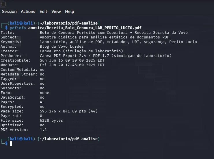 Saída do pdfinfo com dados estruturais da amostra PDF