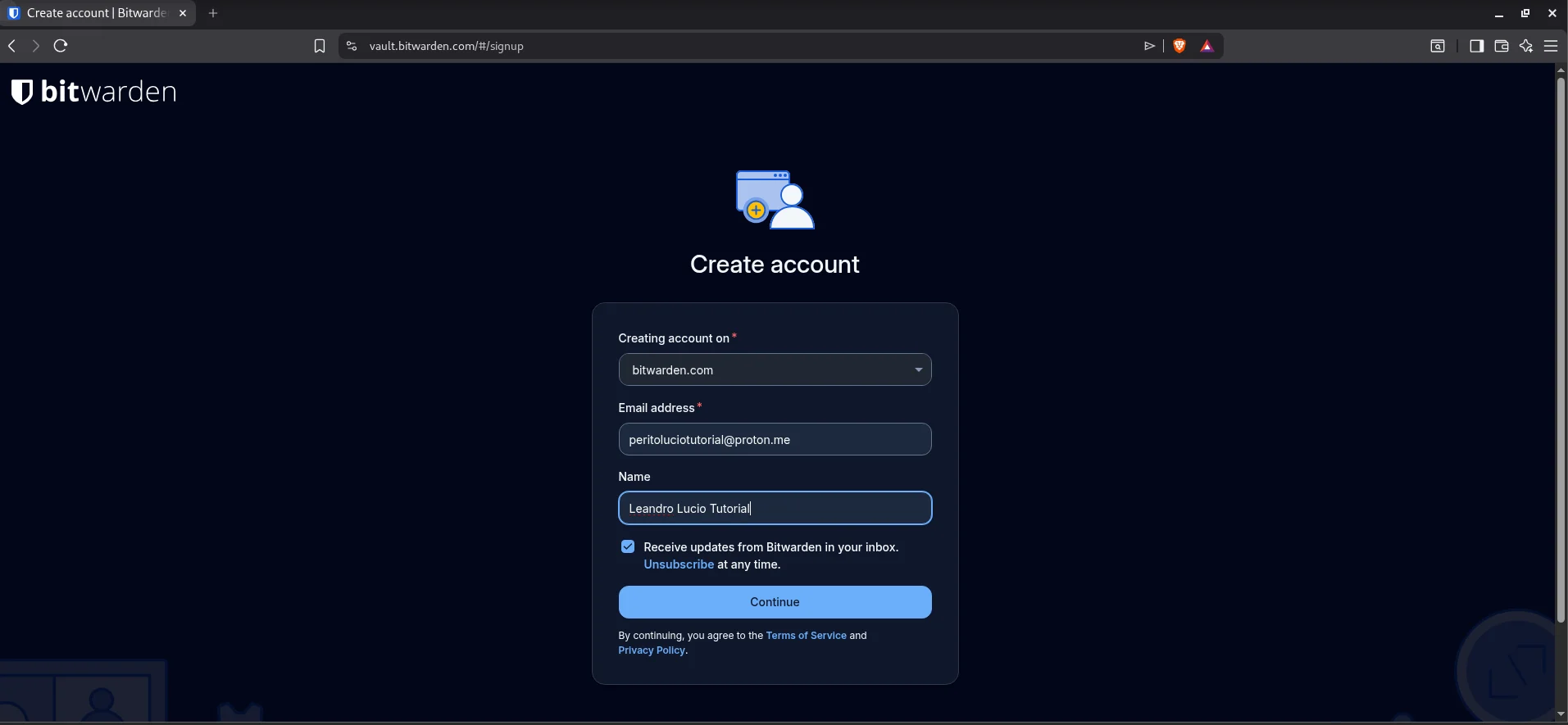 Tela de criação de conta do Bitwarden
