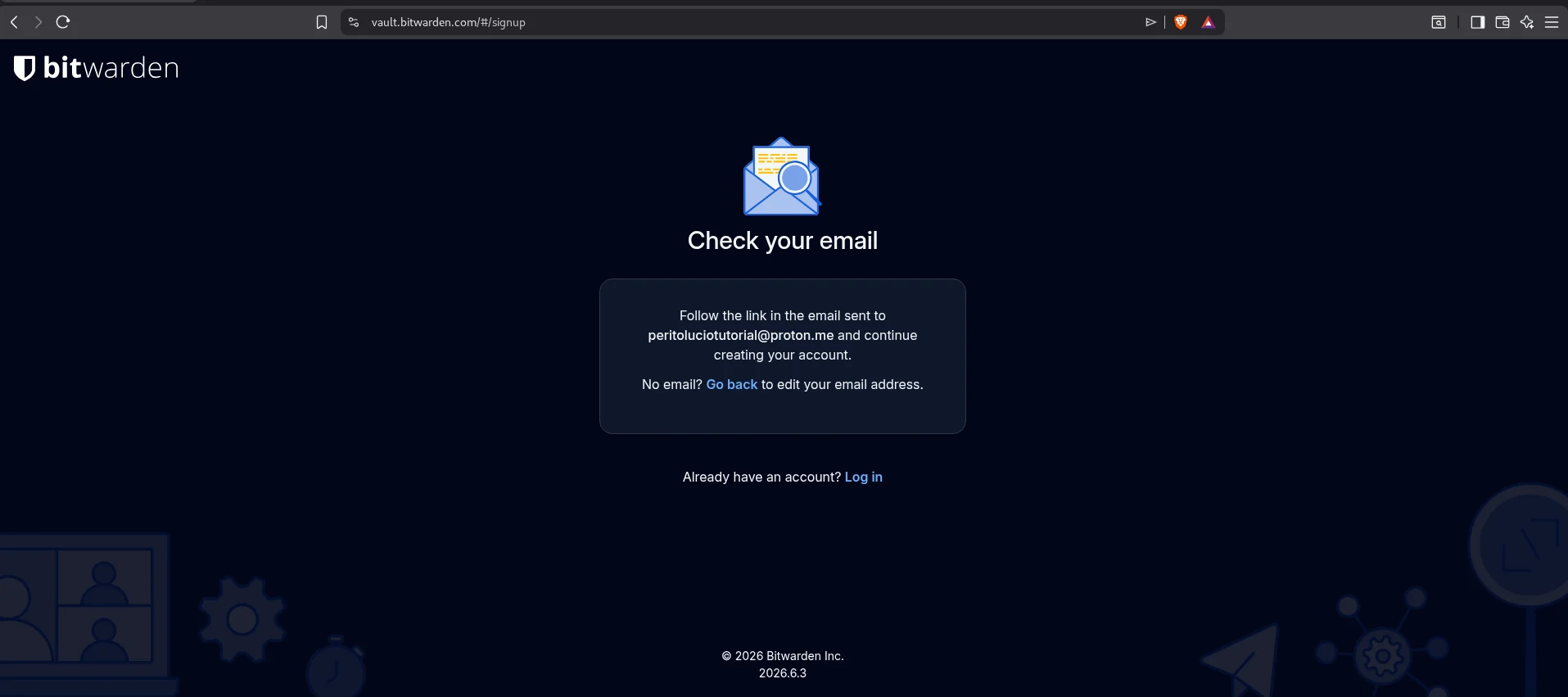 Tela de confirmação de e-mail do Bitwarden