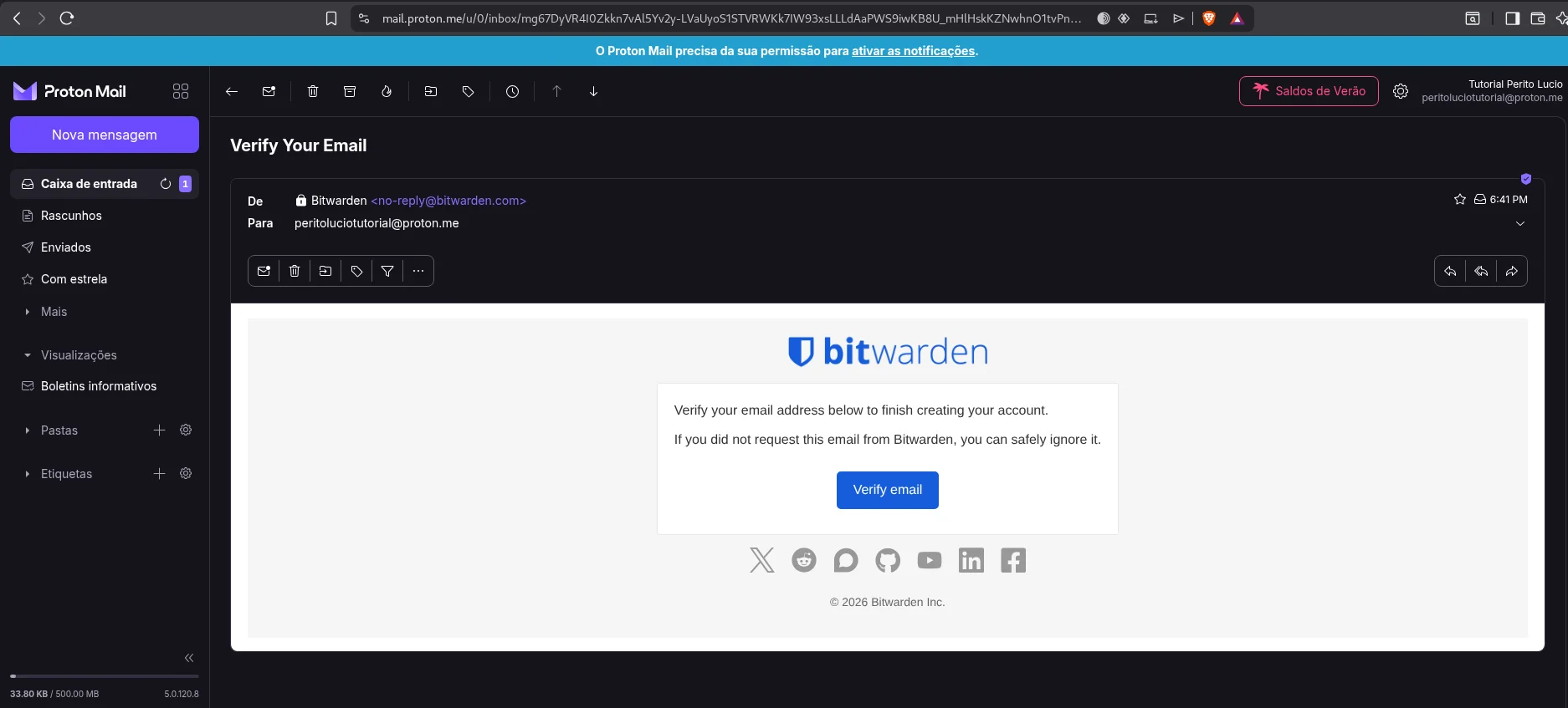 E-mail de confirmação recebido durante o cadastro do Bitwarden