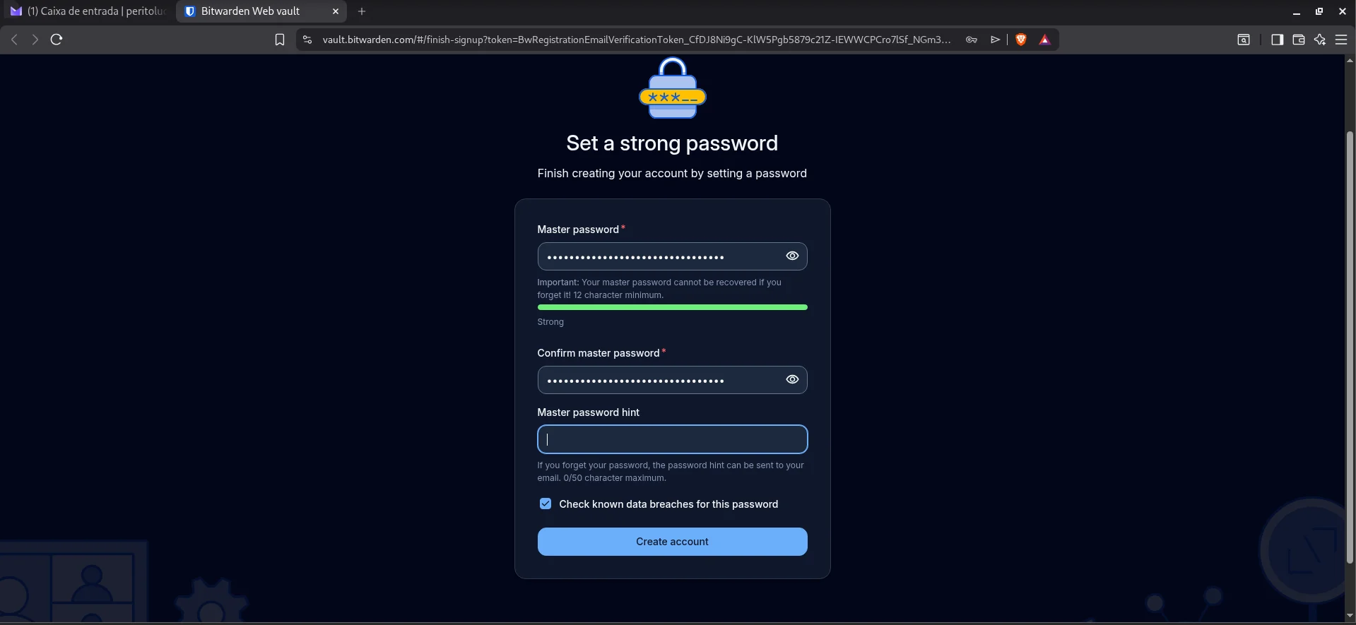 Tela para criar a senha mestra do Bitwarden