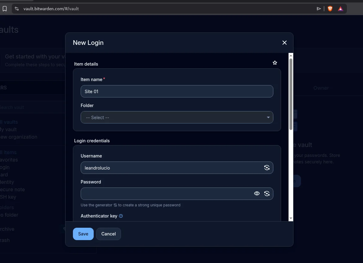 Formulário de um novo item de login no Bitwarden