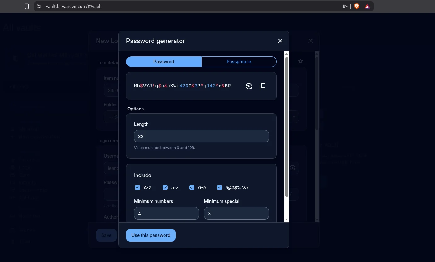 Gerador de senha aleatória do Bitwarden