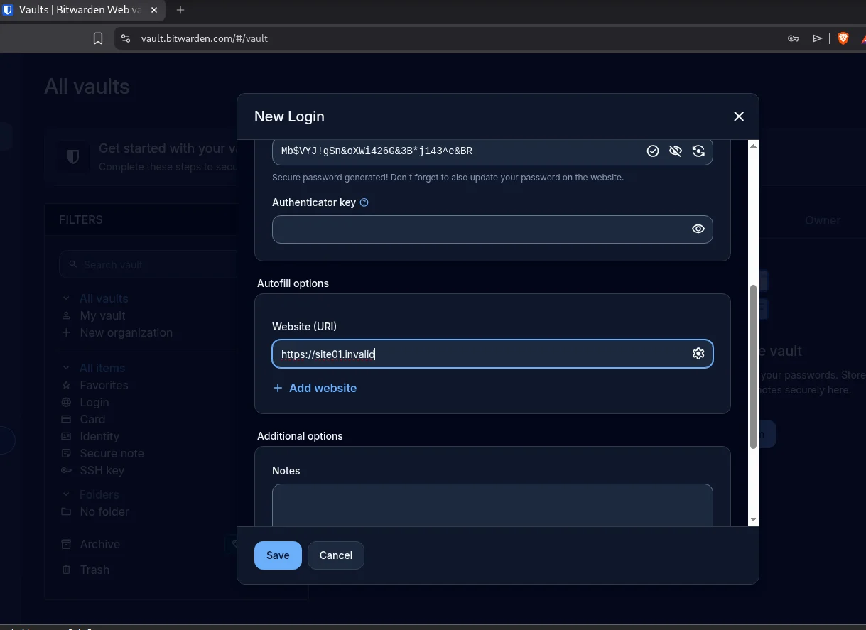 Configuração de Website URI em um login salvo no Bitwarden