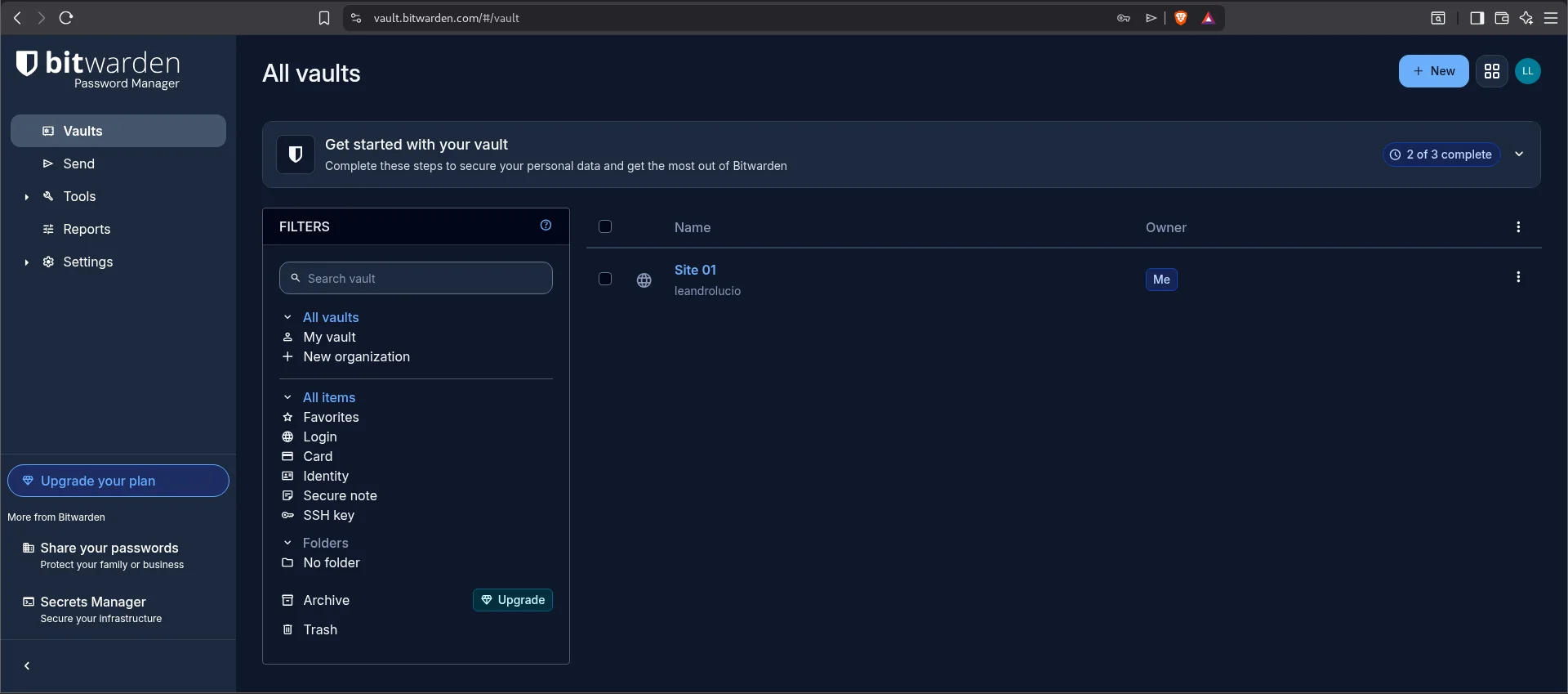 Primeiro login salvo no cofre Bitwarden