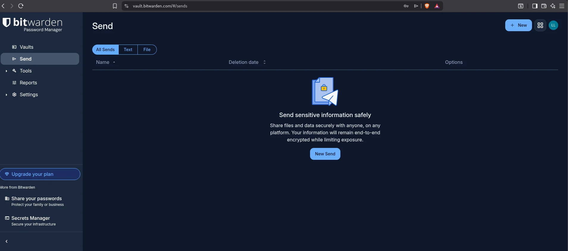 Tela do Bitwarden Send para compartilhamento temporário