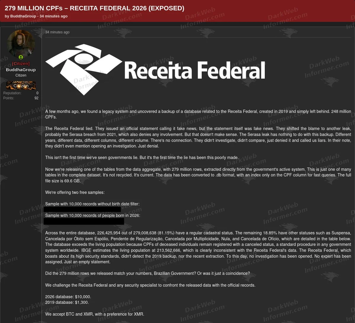 Primeira captura da publicação criminosa sobre supostos registros de CPF