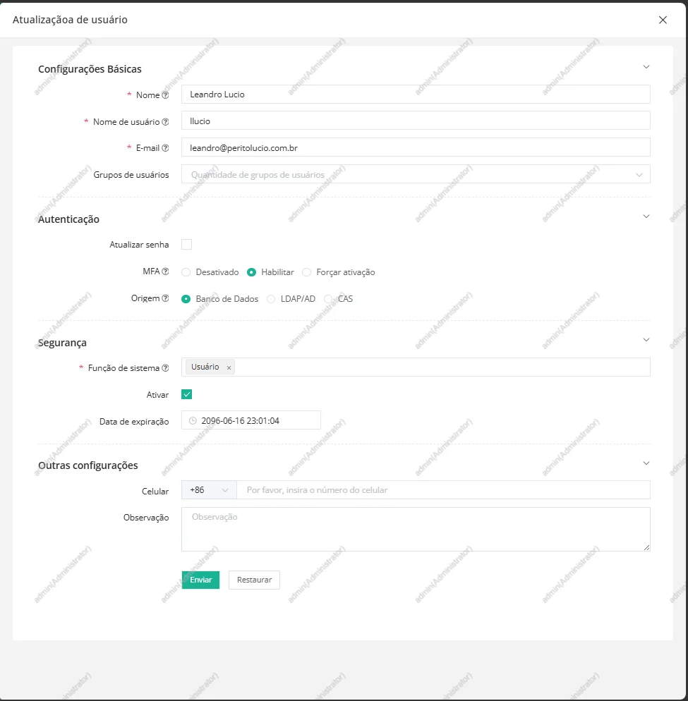 Criação do usuário operacional llucio