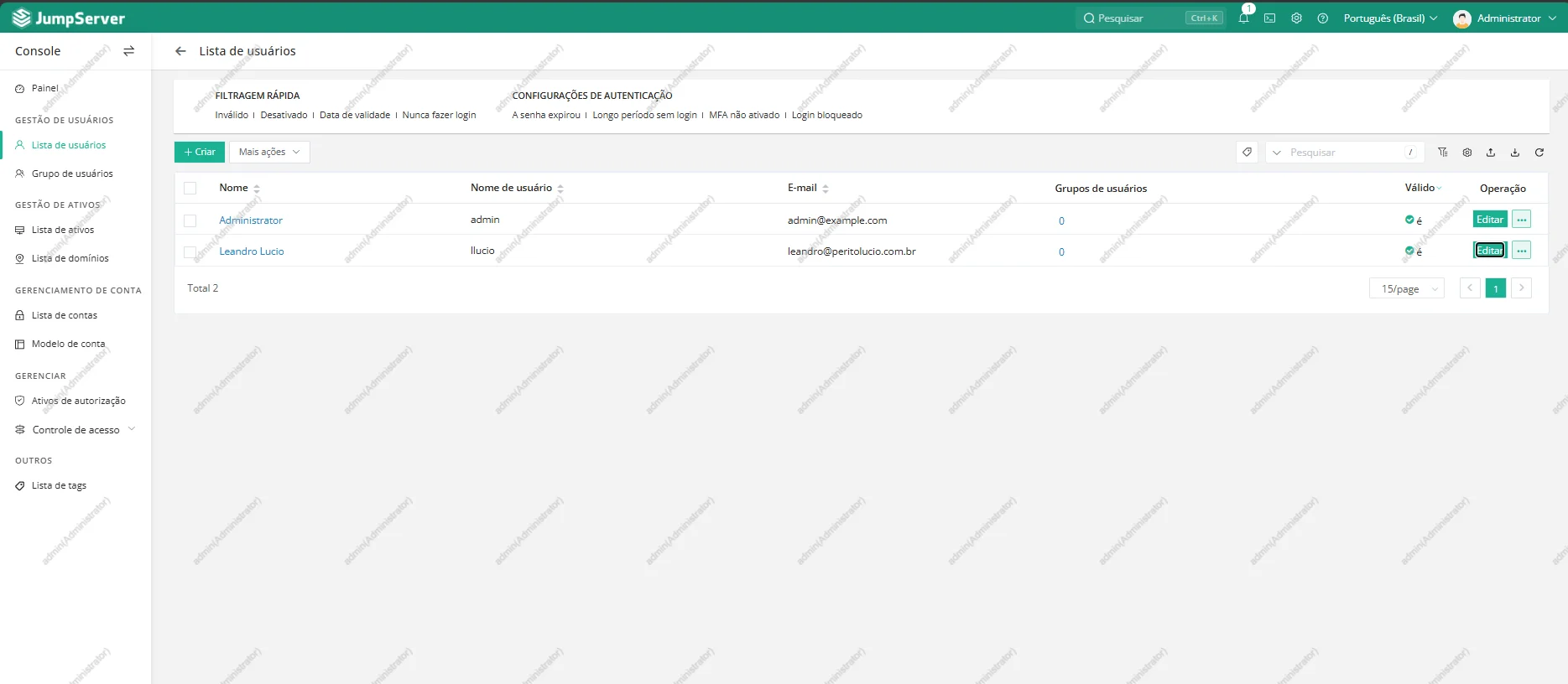 Lista de usuários administrativos e operacionais no JumpServer
