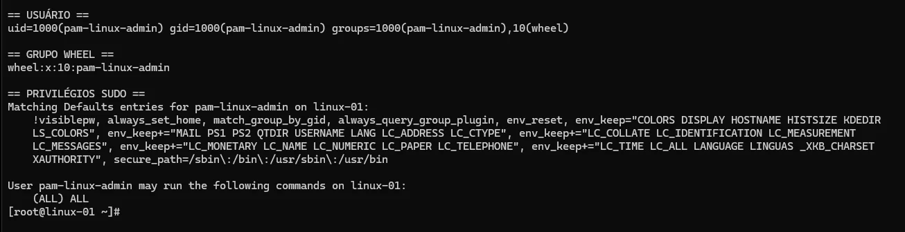 Validação da conta pam-linux-admin, grupo wheel e privilégios sudo