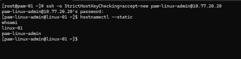 Validação de SSH entre pam-01 e linux-01