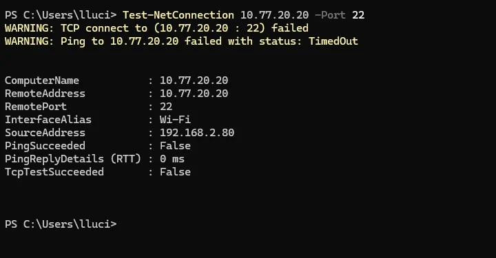 Teste de SSH direto bloqueado a partir do host administrativo