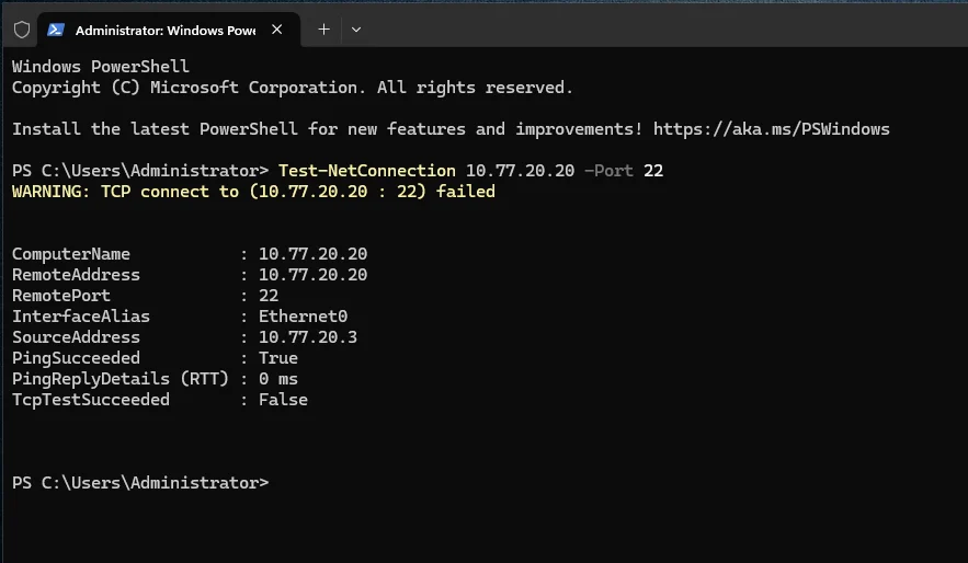 Teste da porta SSH bloqueado a partir do win-01 na mesma rede dos ativos