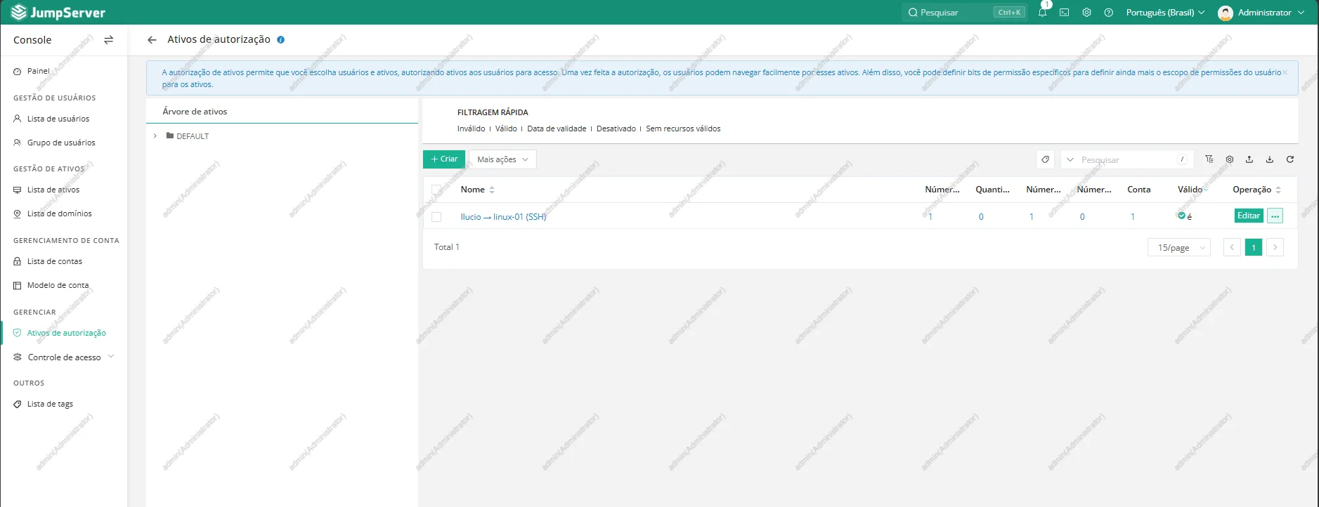 Lista de autorizações com a regra válida para o ativo Linux