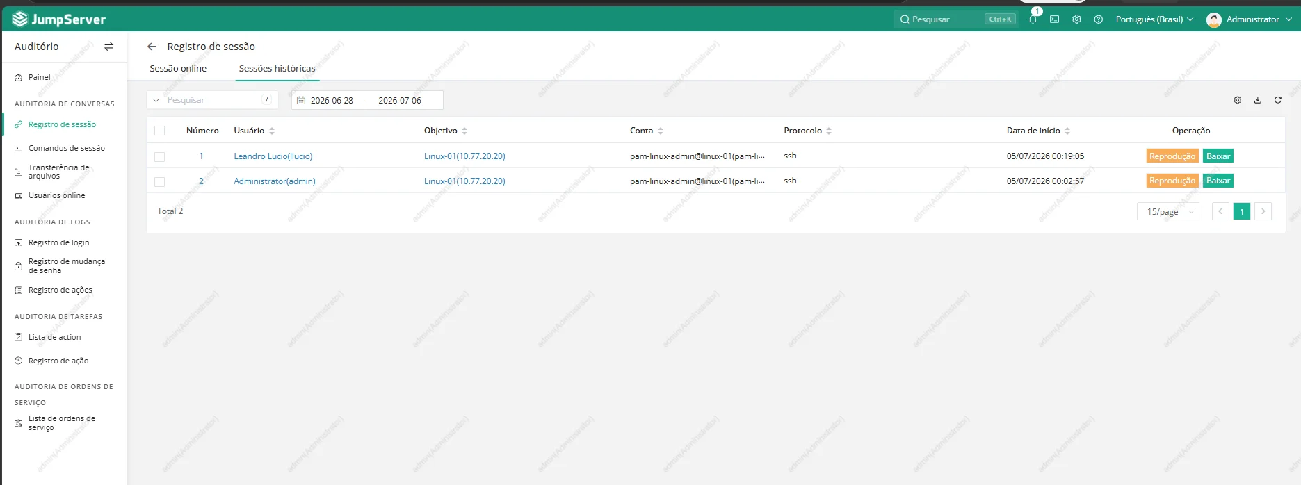 Registro histórico de sessões no JumpServer