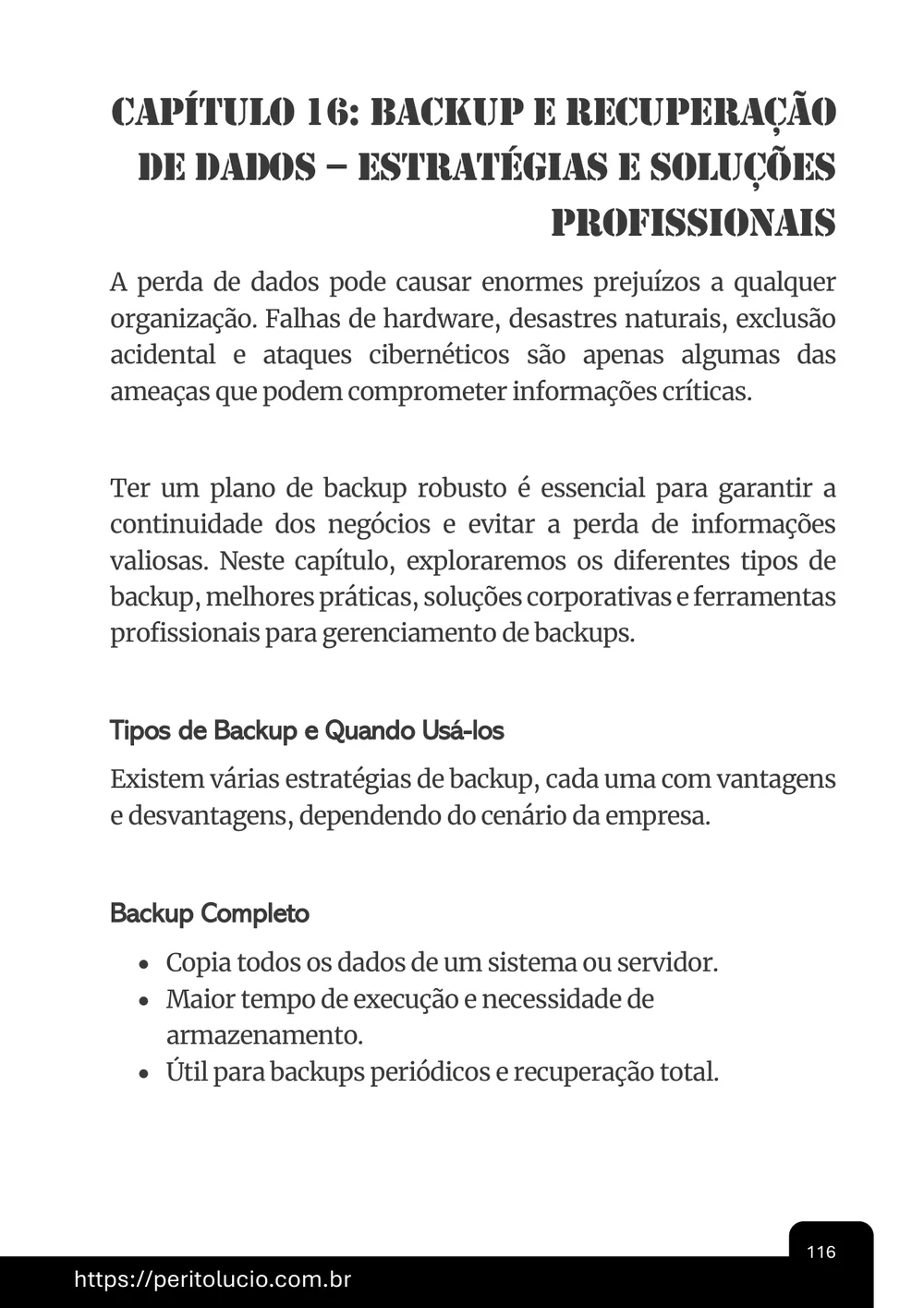 Página do capítulo sobre backup e recuperação de dados