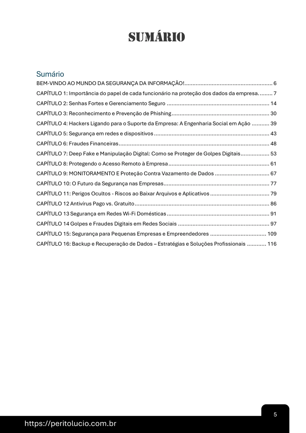 Sumário com os 16 capítulos do eBook