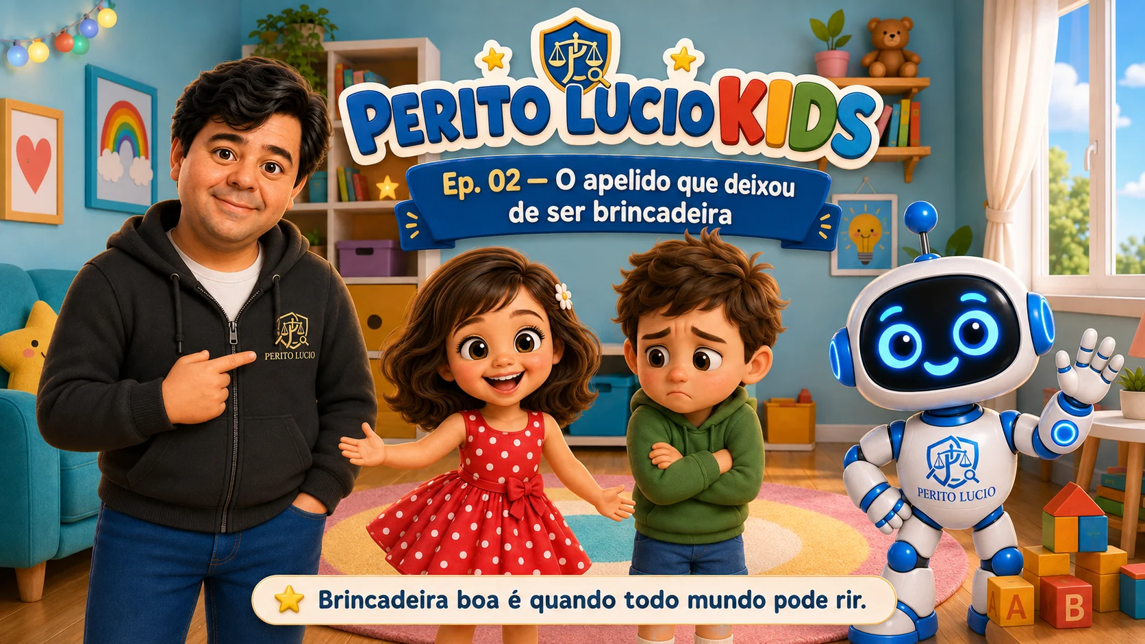 Capa do Perito Lúcio Kids episódio 02, O apelido que deixou de ser brincadeira, com Perito Lúcio, Sassa, Leo e Byte.