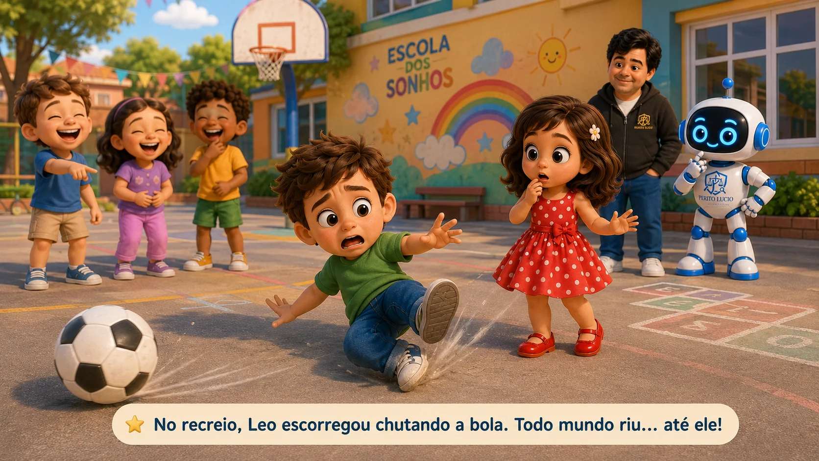 No recreio da escola, Leo escorrega ao chutar uma bola enquanto Sassa e outras crianças reagem ao tombo.