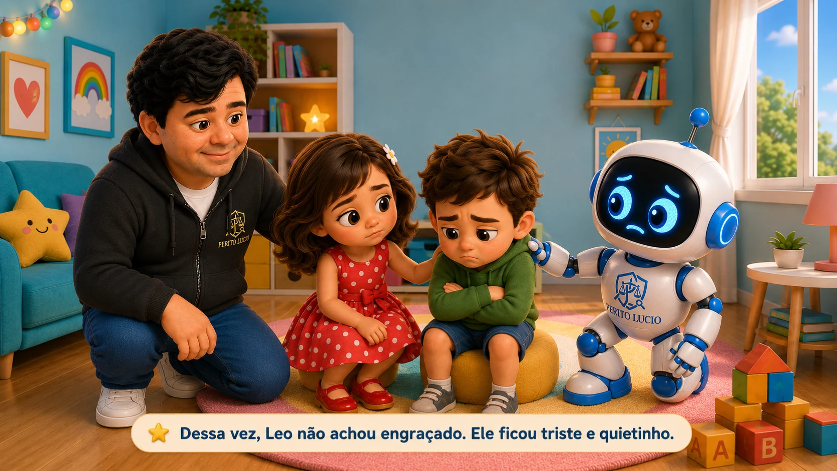 Leo está triste e quieto sentado ao lado de Sassa, Perito Lúcio e Byte depois de o apelido continuar.