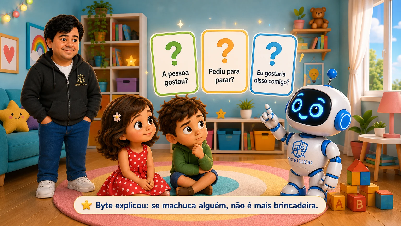 Byte apresenta três perguntas para Sassa e Leo: a pessoa gostou, pediu para parar e eu gostaria disso comigo.