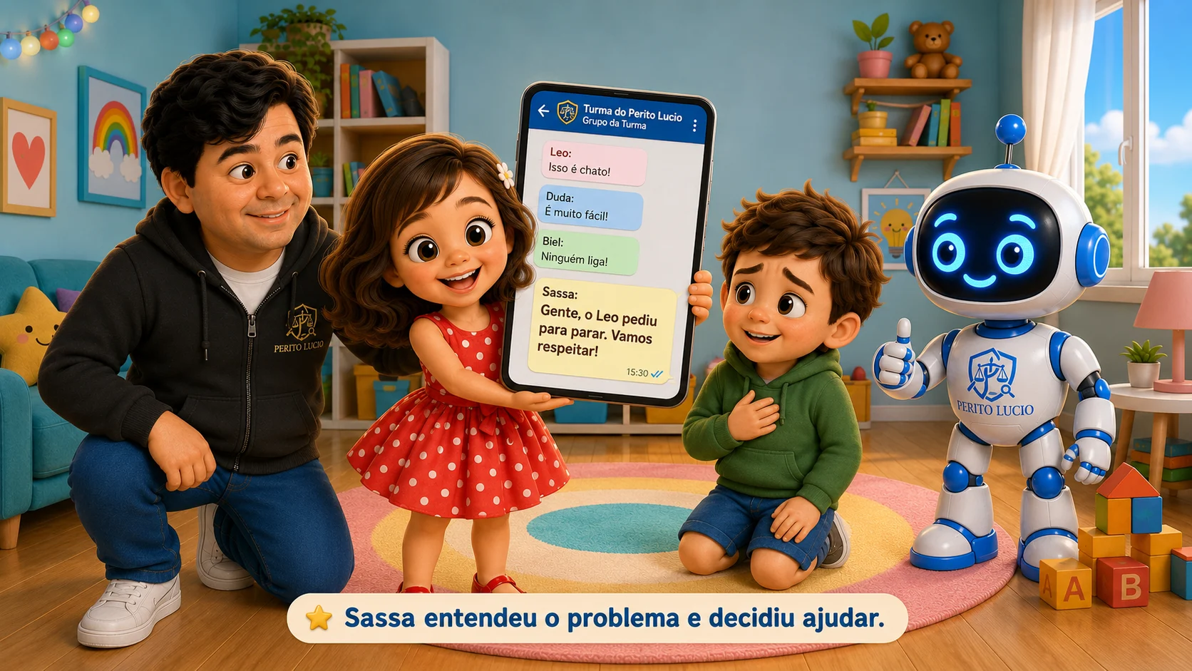 Sassa mostra no grupo da turma uma mensagem pedindo para todos respeitarem Leo e pararem com o apelido.