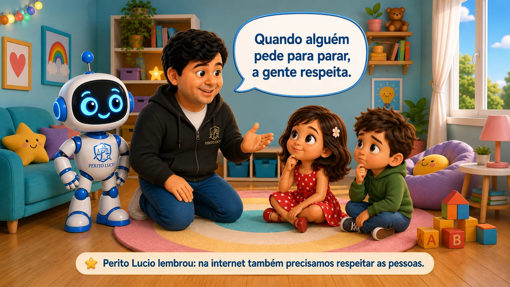 Perito Lúcio conversa com Sassa e Leo e ensina que, quando alguém pede para parar, a gente respeita também na internet.