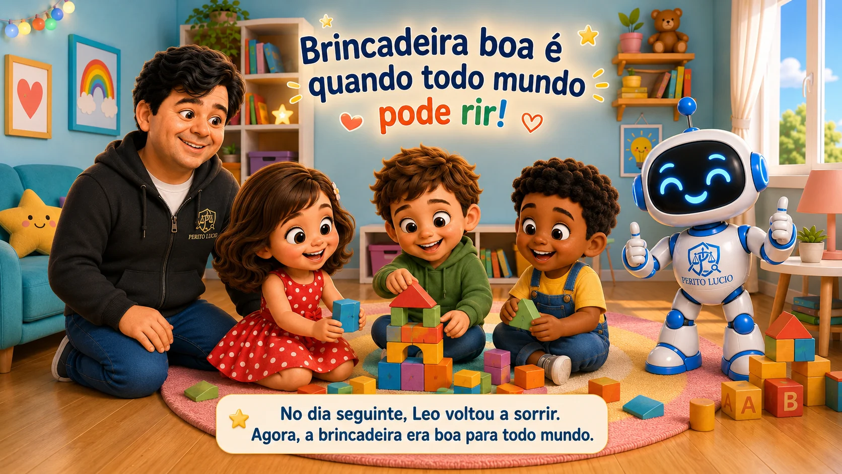 Leo volta a sorrir e brincar com Sassa, um amigo, Perito Lúcio e Byte, com a frase brincadeira boa é quando todo mundo pode rir.