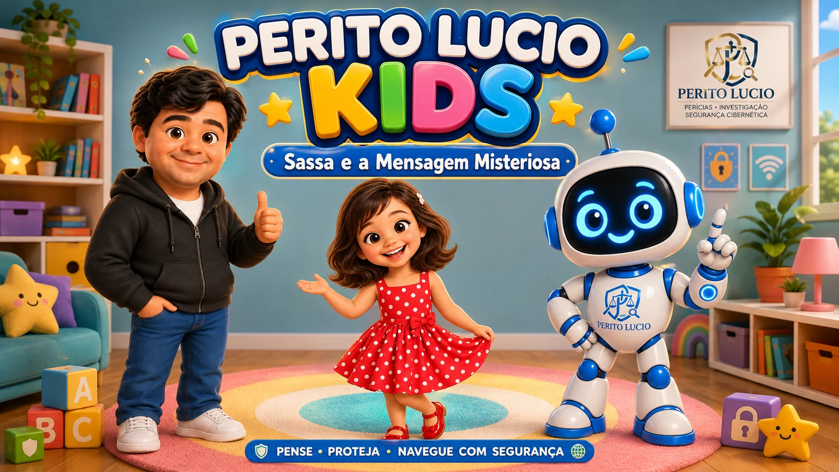 Capa do Perito Lúcio Kids: Sassa e a Mensagem Misteriosa, com o Perito Lúcio, a Sassa e o robô Byte no quarto de brinquedos.