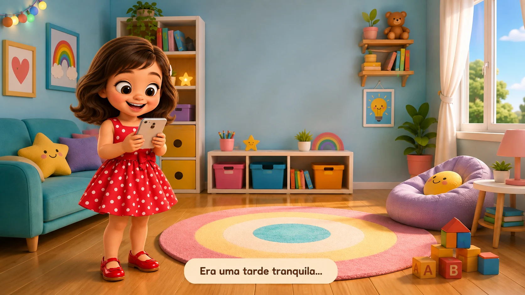 Sassa sorrindo no quarto, segurando o celular numa tarde comum.