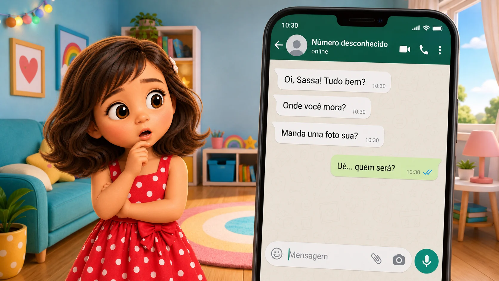 Tela de conversa com número desconhecido perguntando onde Sassa mora e pedindo uma foto dela, enquanto Sassa fica pensativa.