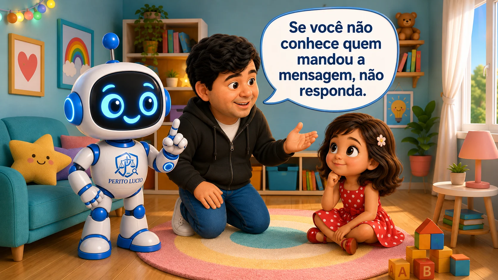 Perito Lúcio ajoelhado conversando com Sassa e o robô Byte: se você não conhece quem mandou a mensagem, não responda.