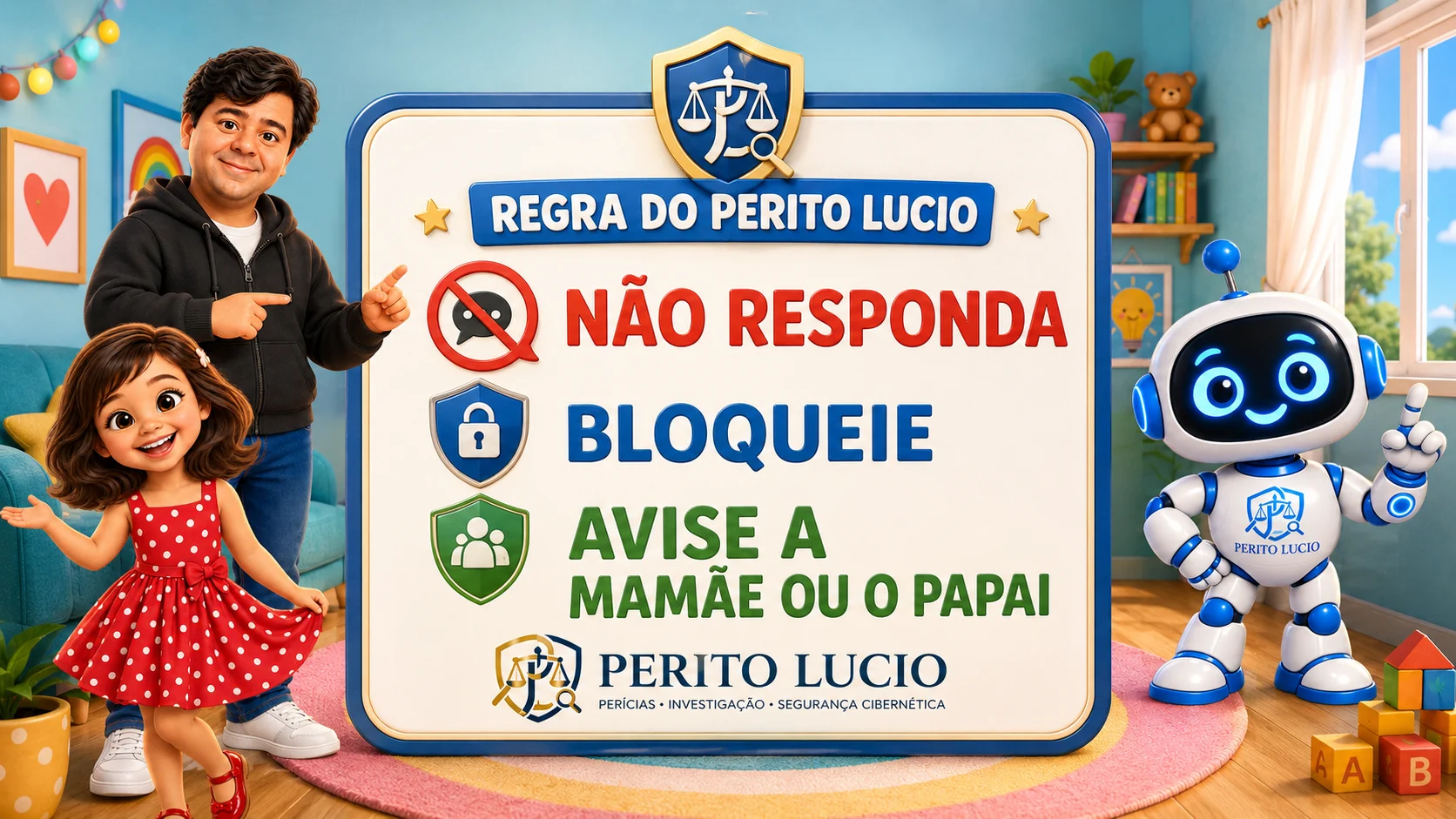 Placa com a Regra do Perito Lúcio: não responda, bloqueie e avise a mamãe ou o papai.