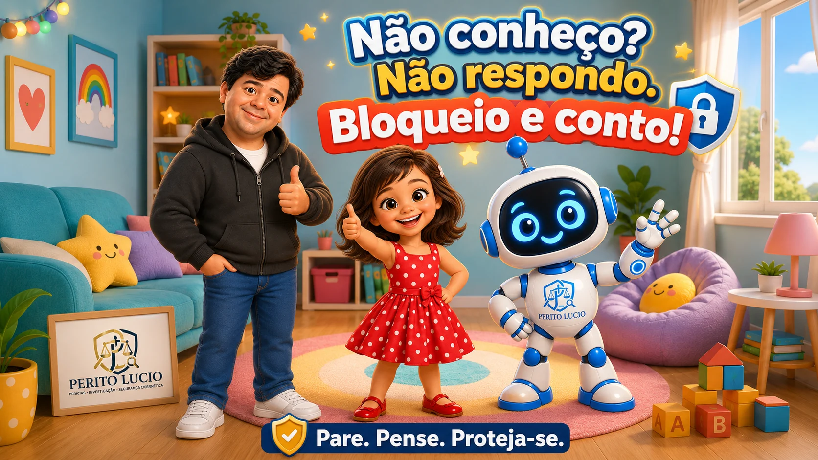 Sassa, Perito Lúcio e o robô Byte comemorando: não conheço, não respondo, bloqueio e conto. Pare, pense, proteja-se.
