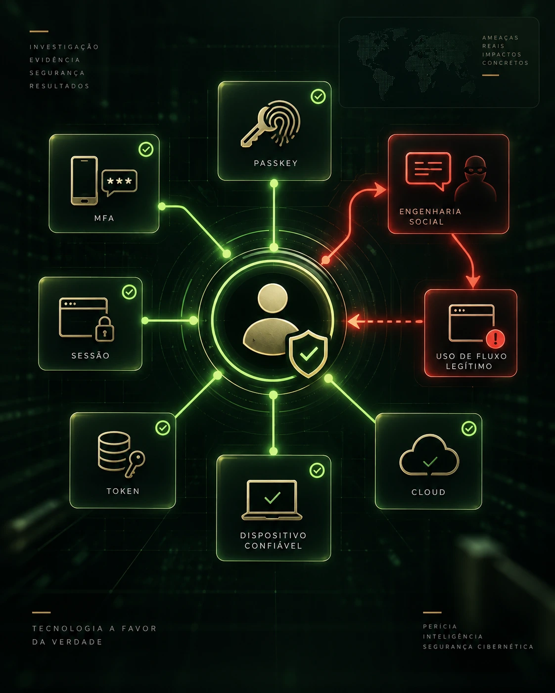 Fluxo visual de identidade mostrando MFA, passkey, sessão, token, cloud e um caminho de engenharia social